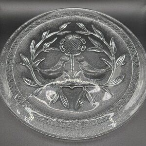 Vintage L.E Smith Love Birds Crystal Glass Cake Platter